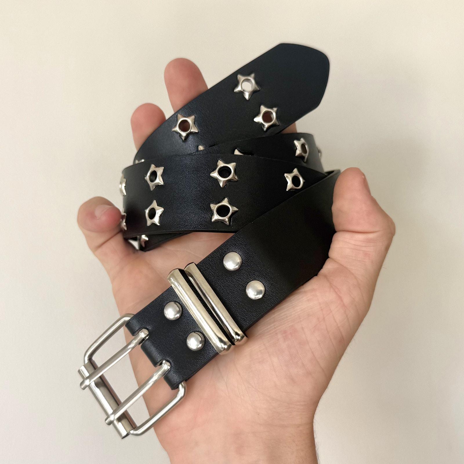 Y2K Grunge Goth Black Silver Genuine Leather Chunky Studded Belt Large Buckle Vintage Studded Black Leather Belt: Y2K Gothic Silver Buckle  main image 3