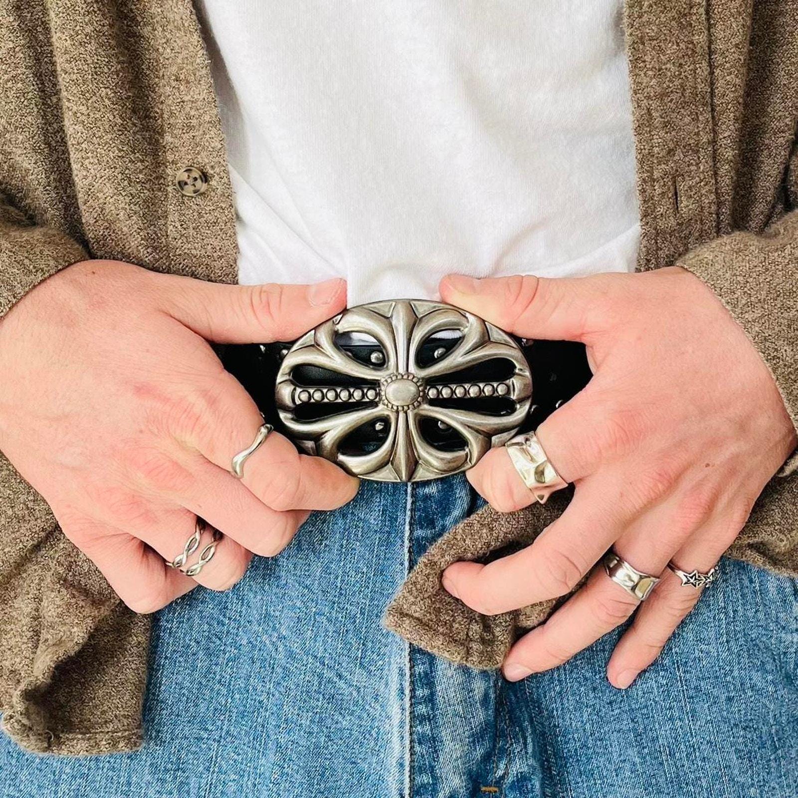 Y2k 2000s Vintage Chrome Cross Buckle Belt Studded Vegan Leather