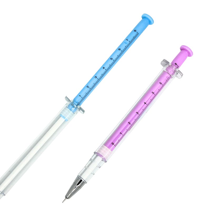 two pens without caps that show how the colored depressor of the syringe can be moved all the way out but not removed