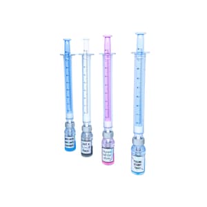 four different pens. blue pen and liquid that says shots shots shots shots everybody, white pen with gray liquid that says just a little pinch, pink pen and liquid that says nurses call the shots, blue pen and liquid that says feeling stabby today
