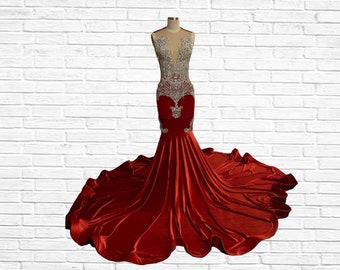 Silver Applique Mermaid Gown w/ Velvet Bottom, Red Prom Gown, Rhinestone Gown, Gala