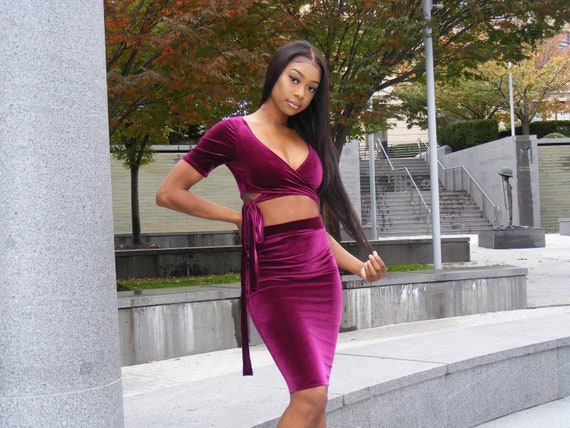 Stretch Velvet Two Piece Wrap Set, Club Outfit, Birthday