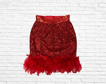 Red sequin mini skirt with feathers, holiday skirt, costume, Valentine’s Day outfit, club wear, Christmas outfit, Date night outfit