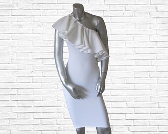 White Fitted One Shoulder Dress w/ Ruffle