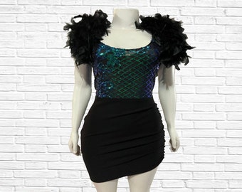 Sequin Party Dress with Feathers, Black Birthday Dress, Dress with Gathers, Holiday, Club, Vacation Attire