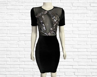 Black Velvet Applique Dress, Dress with Cutouts, Bodycon Cocktail Dress, Holiday Party Dress, Sexy Date Night Dress, Dinner Party Outfit
