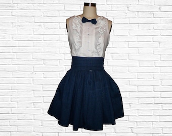 Denim Dress with Ruffle Top and Bowtie, Denim Flare Skirt, Tuxedo Dress, Suit Dress