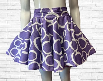 Purple print high waist flare skirt, circle skirt, full skirt, mod, birthday outfit, baby shower, bridal shower, brunch