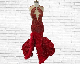 Red Sequin Velvet Prom Gown w/ Red Crystal Applique, Nude Illusion Gown