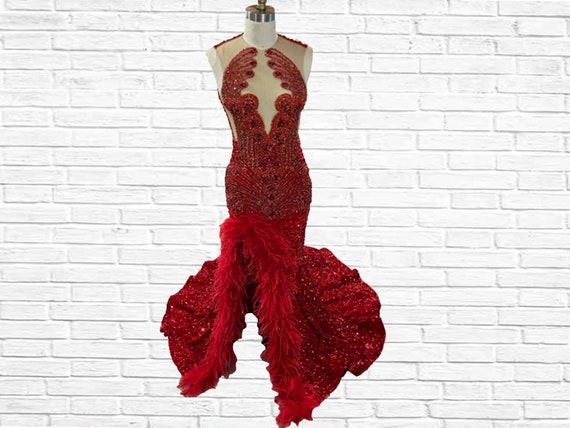 Red Sequin Velvet Prom Gown W/ Red Crystal Applique, Nude Illusion Gown -  Etsy
