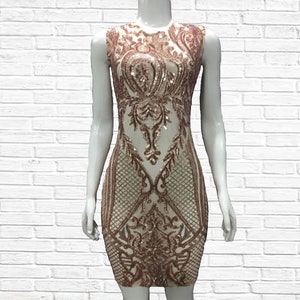 Gold Sequin Printed Party Dress with Sheer Front, Birthday Dress