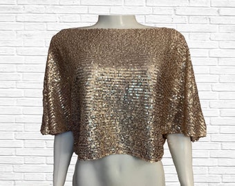 Rose Gold Sequin Crop Top with Flared Sleeves