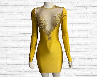 Yellow Applique Dress, Lace Mini Dress, Birthday Party Dress, Sexy Club Wear, Holiday Outfit, Yellow Summer Dress, Cocktail Dress, Costume