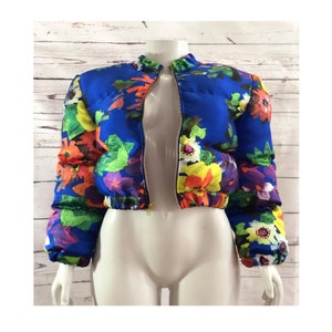 Blue floral cropped puffer jacket, blue bubble coat, Floral jacket