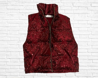 Burgundy Sequin Bubble Vest, Down Vest, Puffer Vest, Bubble Coat, Sequin Jacket, Rocker, Streetwear