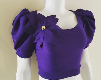 Puff sleeve crop top, flower crop top, purple crop top, club wear, dance, party outfit, holiday, birthday outfit stretch top