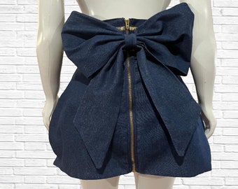 Denim Mini Skirt with Bow, High waist Denim Skirt, Jean skirt, Jean Mini Skirt, Bow Detail