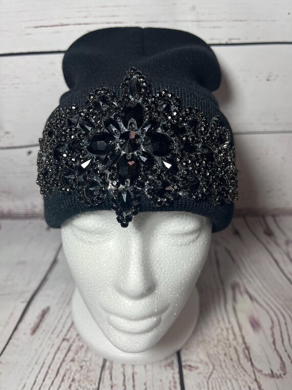 Black Rhinestone Beanie Hat – Crystal Embellished Knit  display picture 3