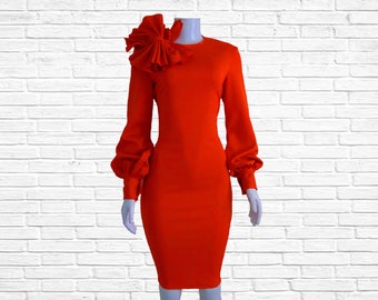 Bow Dress with Cuffs, Ruffle Dress, Fitted Ruffle Dress, Orange Ruffle Dress, Ruffle Birthday Dress, Party Dress, Bridal Shower, Wedding