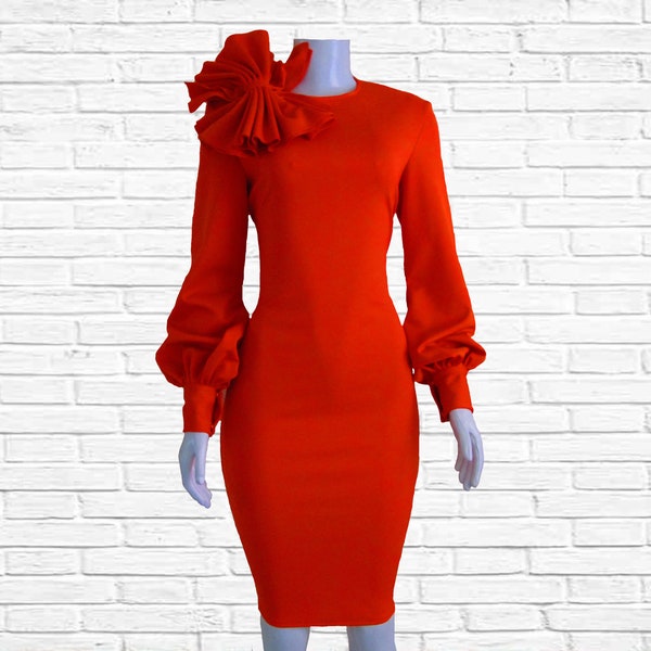 Schleifenkleid mit Manschetten, Rüschenkleid, tailliertes Rüschenkleid, Orange Rüschenkleid, Rüschen Geburtstagskleid, Partykleid, Brautparty, Hochzeit