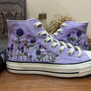 Embroidered Converse | Wedding Flowers Embroidered Shoes for Bride | Converse Embroidery Floral | Bridal Purple Flowers Embroidered Sneakers