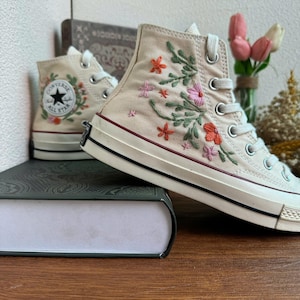 Custom Embroidered Floral Converse High Tops | Custom Wedding Converse Chuck Taylor 1970s Embroidered Hand Flower | Birthday Wedding Gift