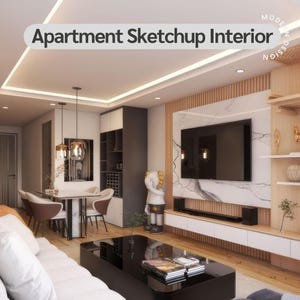 Könnte beinhalten: Eine Innenraumdesign-Rendering eines modernen Apartments. Das Bild zeigt ein Wohnzimmer mit einem weißen Sofa, einem schwarzen Couchtisch und einem Essbereich. Der Text "Apartment Sketchup Interior" wird oben angezeigt.