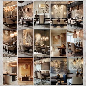 Könnte beinhalten: Eine Collage aus zehn Bildern, die verschiedene Esszimmerdesigns mit verschiedenen Arten von Pendelleuchten, Holztischen und Stühlen zeigen. Die Bilder zeigen eine Vielzahl von Farben und Texturen, darunter Braun, Beige und Weiß.