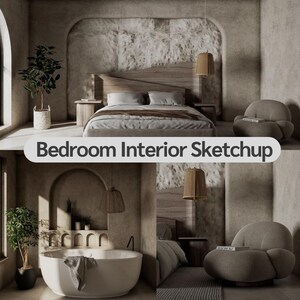 Puede incluir: Boceto de diseño de interiores de dormitorio con cama, sillón y bañera. La imagen presenta tonos neutros, una cabecera de madera y una lámpara colgante tejida. El texto "Bedroom Interior Sketchup" se muestra en la imagen.