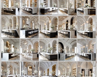 May include: A collage of interior design concepts featuring elegant bar settings. Each scene showcases a marble-topped bar with black accents, complemented by stylish bar stools. The spaces are adorned with white floral arrangements and sophisticated lighting.
