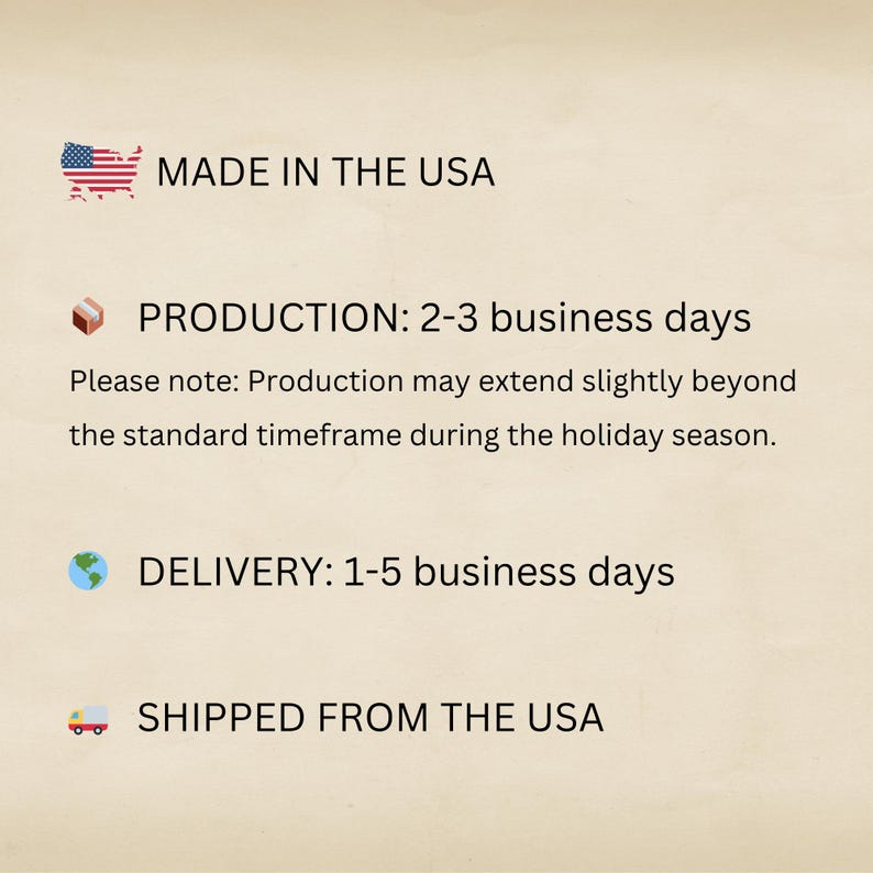 May include: Image with text: "MADE IN THE USA." Also includes text about production and delivery times. The text states that production takes 2-3 business days and delivery takes 1-5 business days.