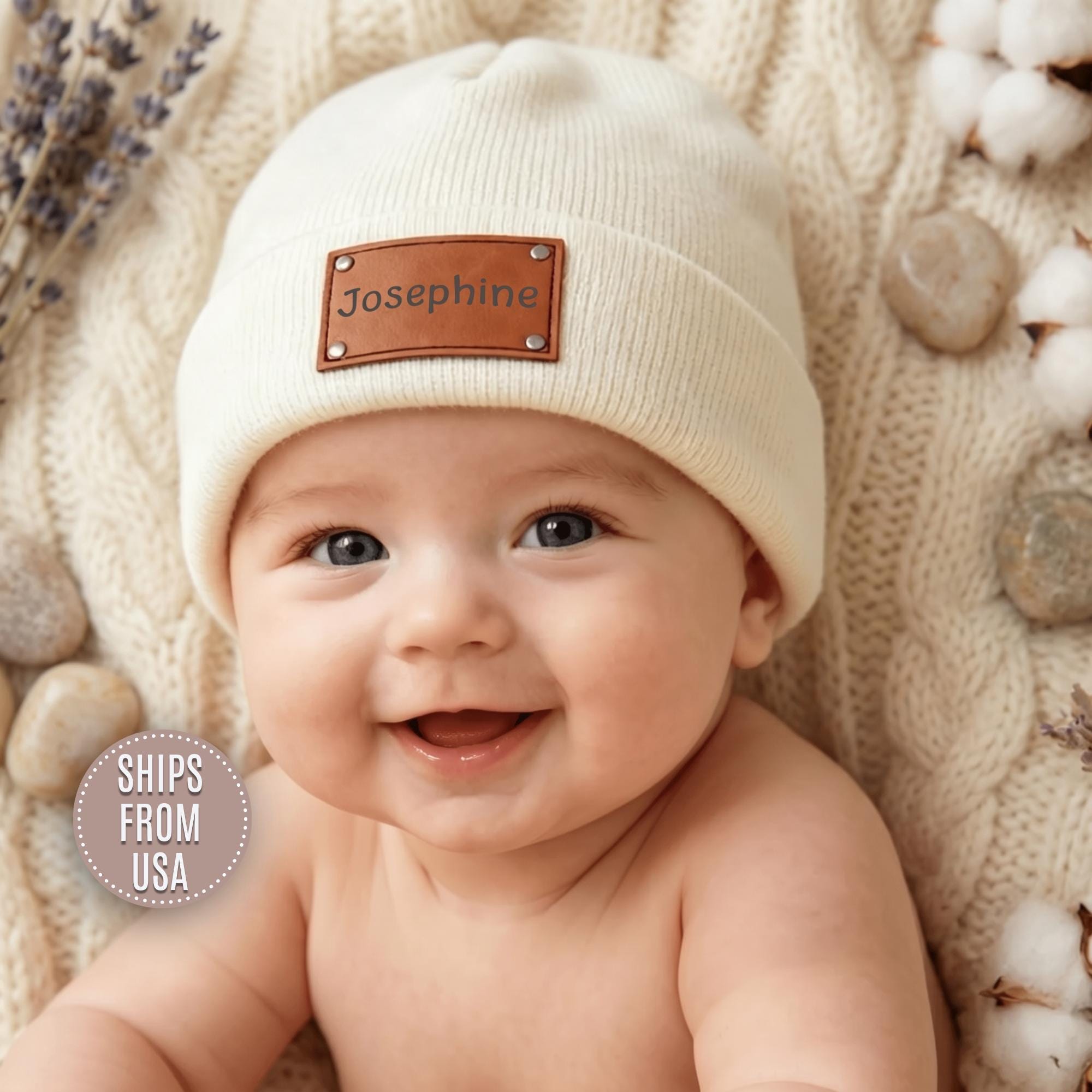 Personalized Baby Beanie Custom Engraved Name on Leather Patch Newborn Winter Hat 0-18 Months
