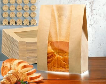 Thicker Kraft Bread Bags with Window, 50 Pcs Sourdough Paper Bags for Homemade Bread, 60 Sealing Stickers ,Ties, Large Bakery Storage