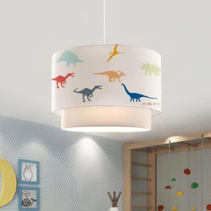 Dinosaur Pendant Lamp - Kids Room Ceiling Light - Fabric Printed Lampshade - Nursery Decor - Playroom Dino Theme -