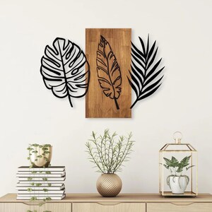 3 Blatt Holz und Metall Wand Kunst Tafel, Natur inspirierte Wanddekoration, Holz Wand Kunst Blatt Wandbehang, botanische Wandkunst, Blatt Wanddekor