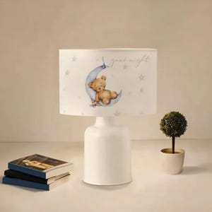Cute  Bear Table Lamp for Kids Room, Fabric Printed Nursery Bedside Light, Moon and Stars Lamp, Playroom Decor,