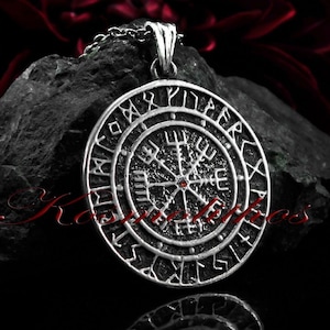 Vegvisir Necklace Silver Runic Icelandic Magical Stave, Viking Compass, Veldismagn Runic Circle Norse Necklace, Helm of Awe Runic Compass