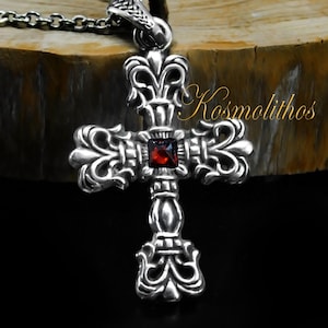 Sterling Silver Garnet Cross Necklace, Fleur De Lis Medieval Pendant, Religious Christian Handmade Symbol