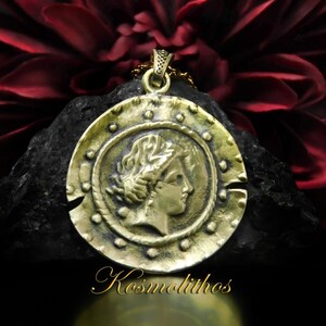 Artemis Necklace, 24K Gold Plated Greek Bronze Goddess Pendant, Ancient Protection Charm