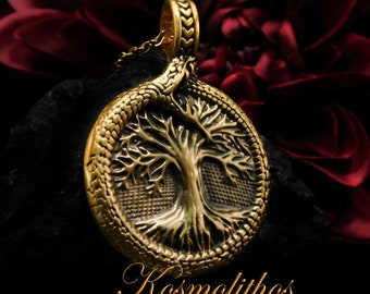 Yggdrasil Bronze Necklace, Ouroboros Tree of Life Viking Pendant, Jormungandr Norse Necklace, Midgard Serpent