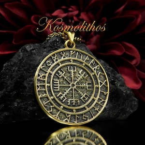 Vegvisir Necklace Bronze Runic Icelandic Magical Stave, Viking Compass, Veldismagn Runic Circle Norse Necklace, Helm of Awe Runic Compass