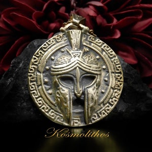 Bronze Spartan Shield Necklace, Greek Warrior Helmet Pendant, Greek Key Charm