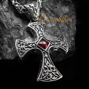 Handgemachter Sterling Silber Granat Kreuz Anhänger: Mittelalterliche Gothic Halskette
