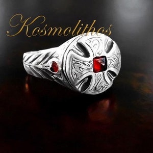 Sterling Silver Templar Ring, Garnet Cross Signet, Religious Jewelry
