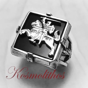 Warrior Knight Sterling Silver Ring, Silver Onyx Ring Men, Men Jewelry Ring, Gift For Him Ring, Fighting Knight Ring Silver, Signet Ring Men