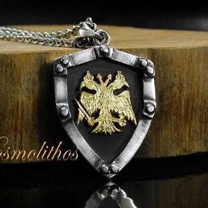 Eagle Silver Shield Necklace Gift For Him, Double Headed Eagle Pendant, Coat Of Arms Gold Eagle Necklace, Byzantine Empire Eagle Medallion