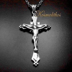 Sterling Silver Crucifix Necklace, Antique Style Jesus Cross Pendant, Catholic Symbol, Rosary Charm