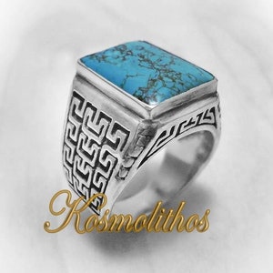Sterling Silver Turquoise Signet Ring, Meander Design, Mens Vintage Jewelry