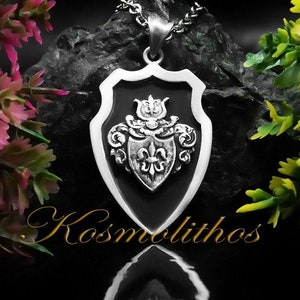 Sterling Silver Fleur De Lis Shield Necklace, Coat of Arms Pendant