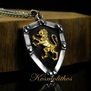 Sterling Silver Shield Necklace Lion Gift For Men, Lion Jewelry Pendant, Gold Lion Shield, Prancing Lion Coat Of Arms, Gold Lion Medallion